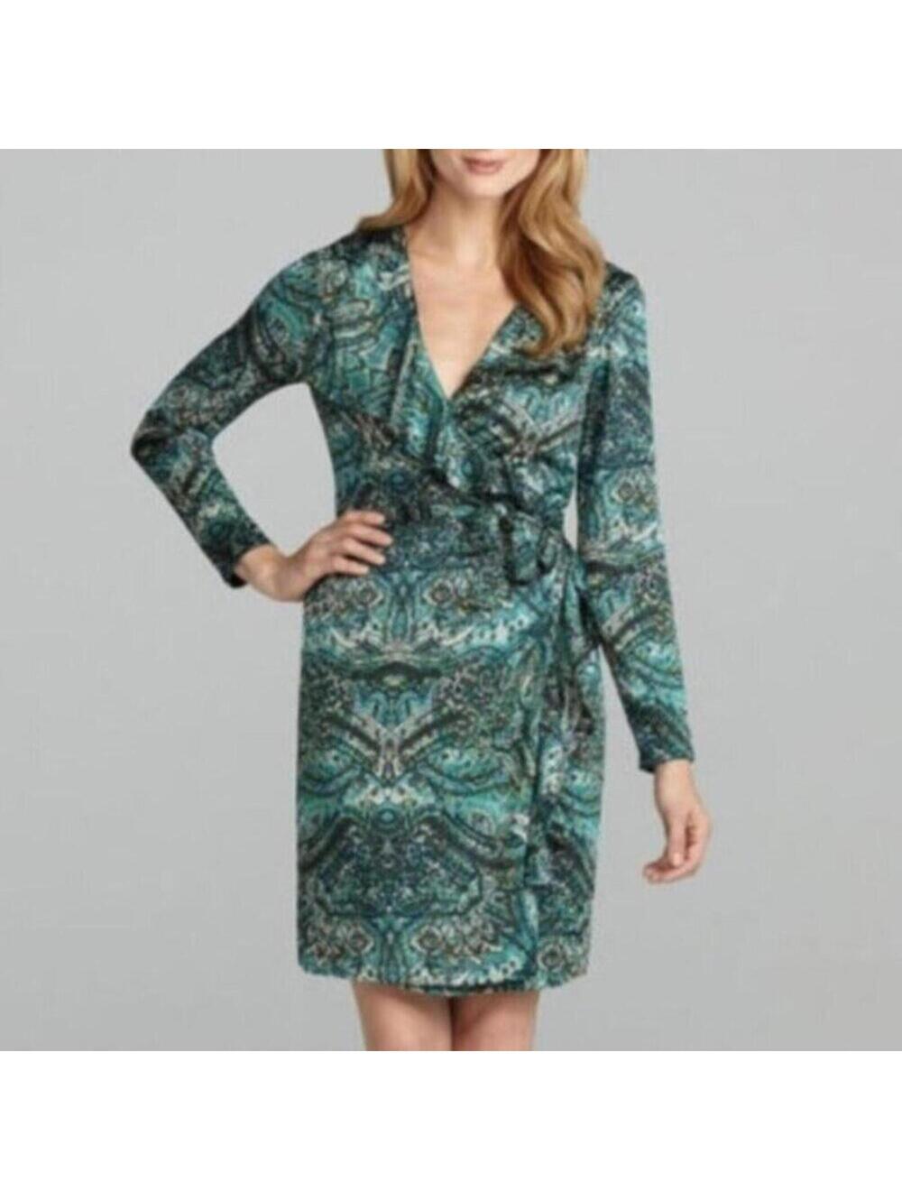 Antonio Melani Paisley Wrap Midi Dress Size 0 Ruffle Long Sleeves Green Blue